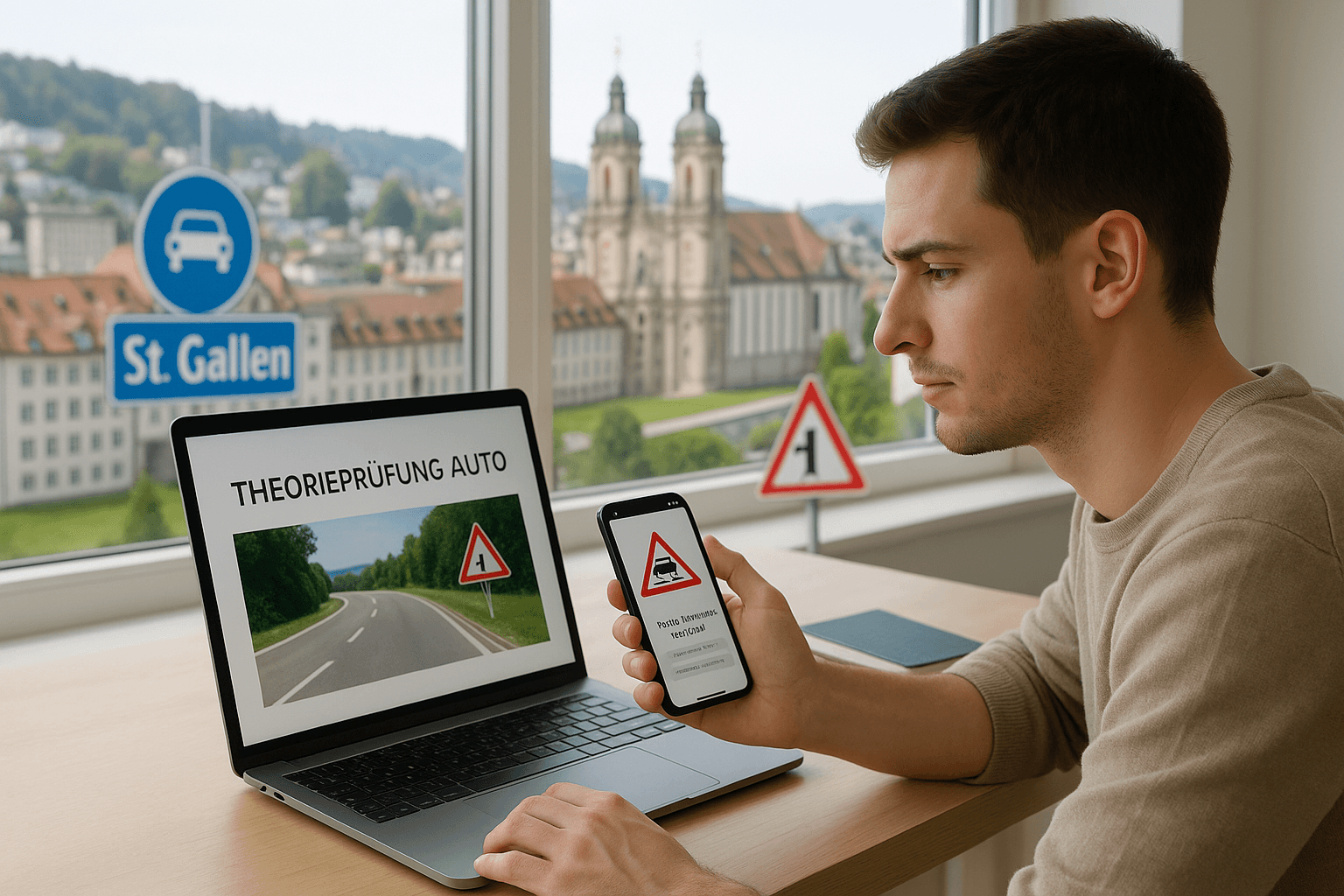 Lernende Person bereitet sich in St. Gallen auf die Theoriepruefung Auto vor