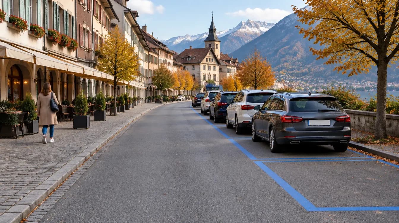 Blue zone in Switzerland: cars parked in blue-marked bays on the right side of an old-town street, Alps