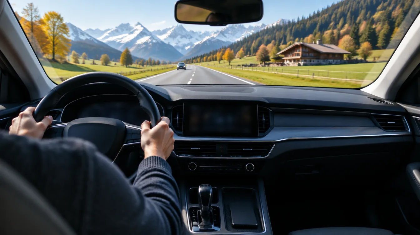 Phone at the wheel in Switzerland: hands on the steering wheel, smartphone stowed in the console, country road, Alps