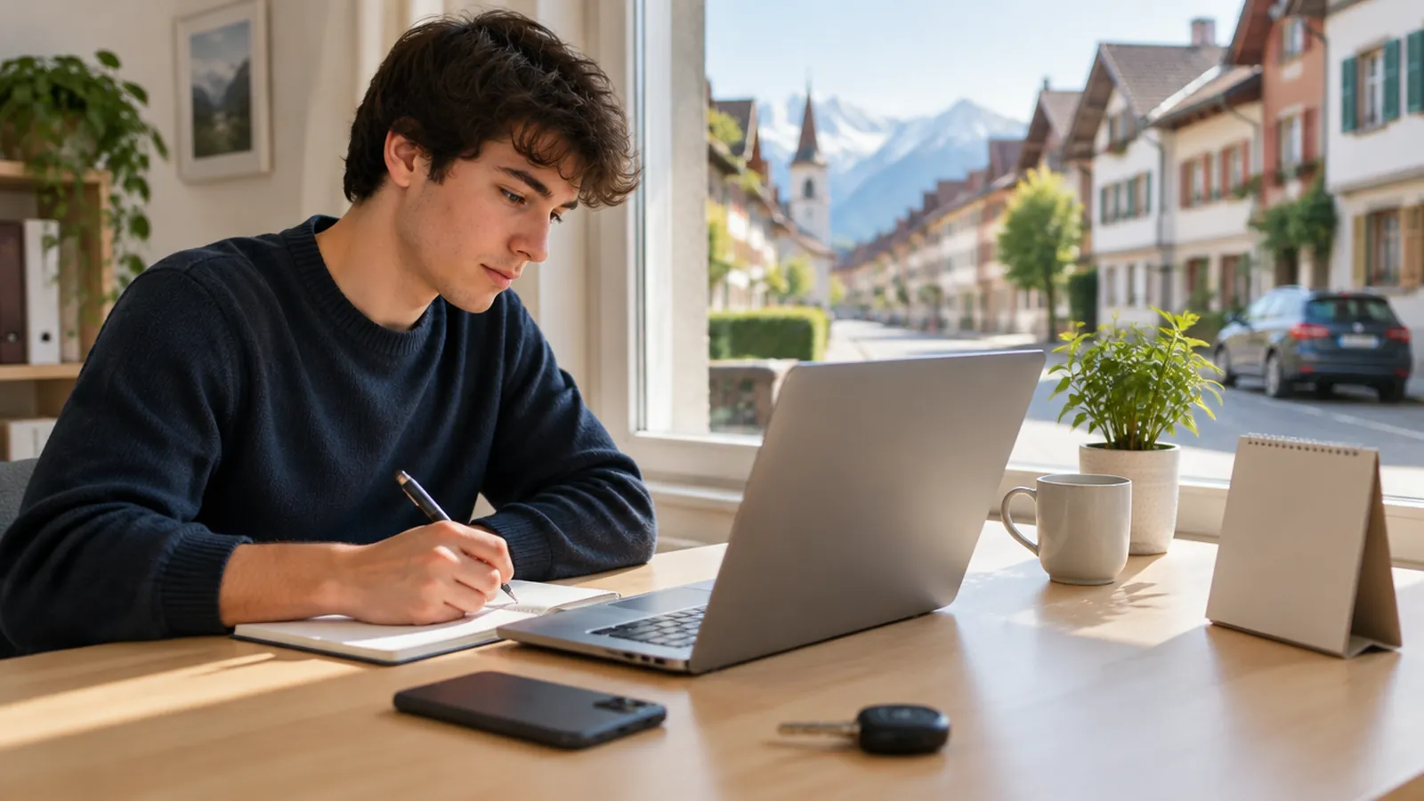 Theory test 2027: young learner at a desk with laptop and car keys, Swiss road in the background