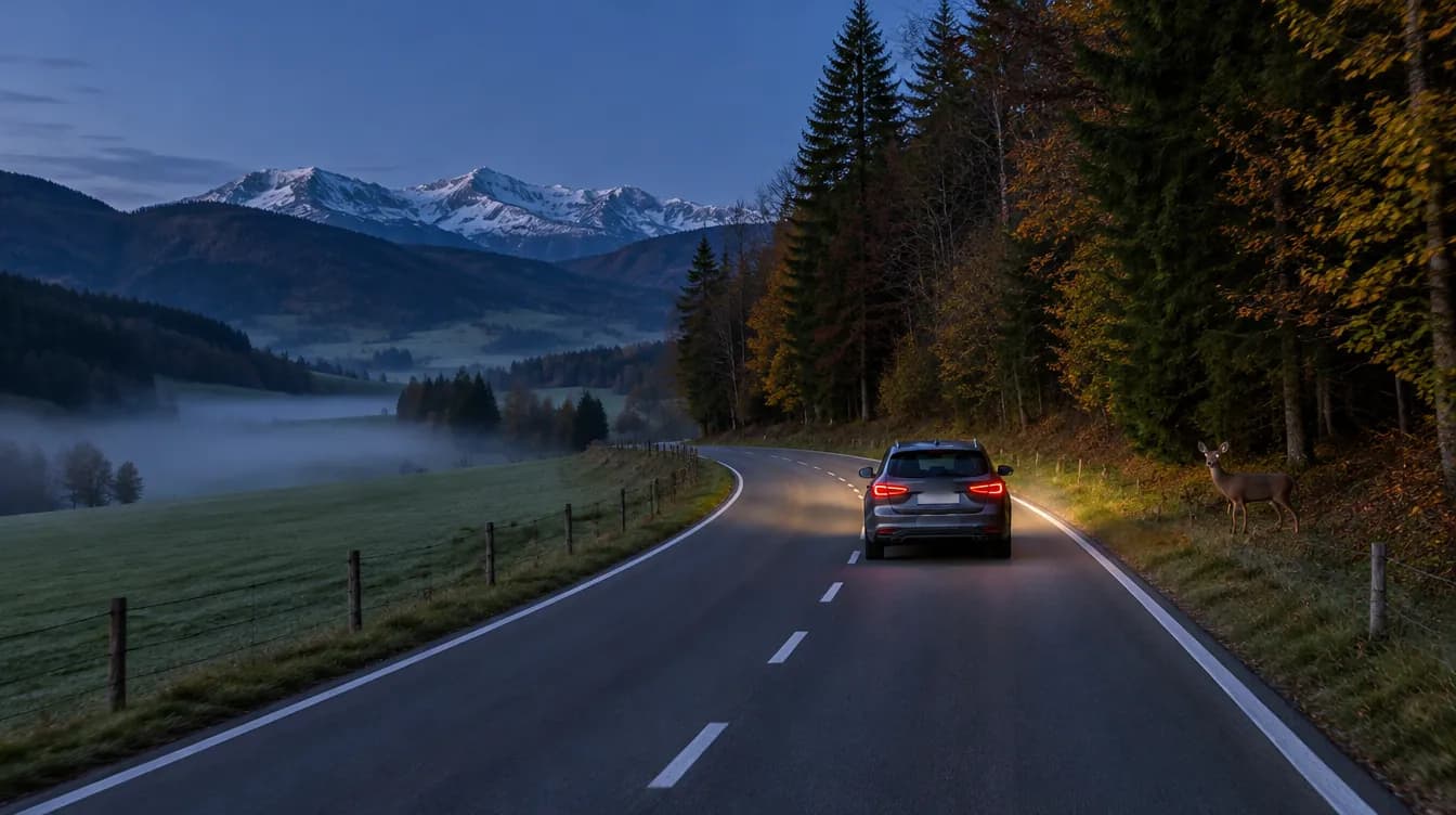 Accident avec du gibier en Suisse : voiture sur la voie de droite d’une route en lisière de forêt au crépuscule, chevreuil au bord