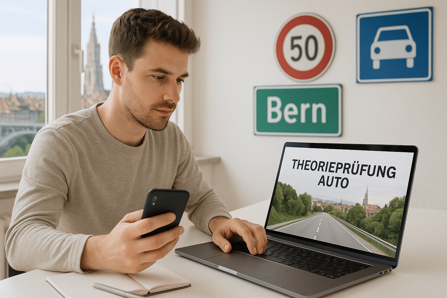 Lernende Person bereitet sich in Bern auf die Theoriepruefung Auto vor