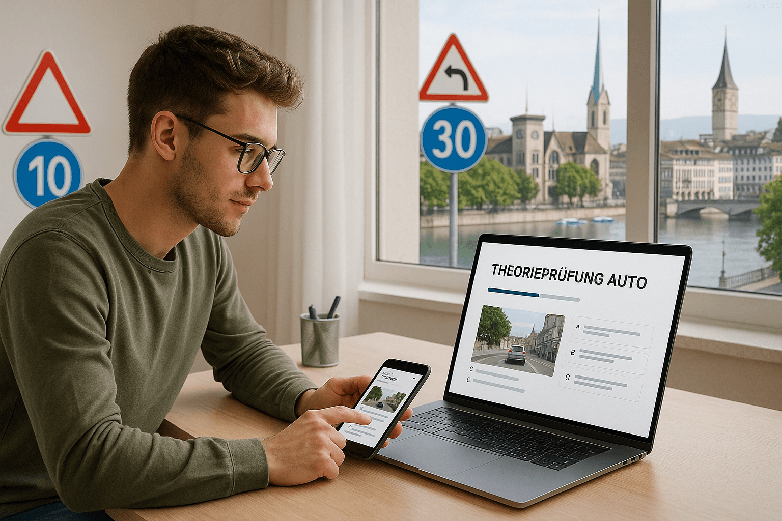 Learner preparing for the car theory test in Zurich
