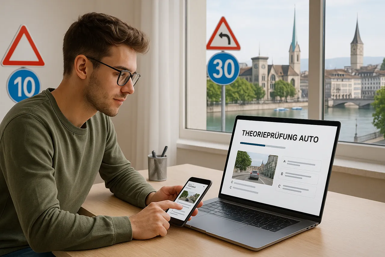 Lernende Person bereitet sich in Zürich auf die Auto-Theorieprüfung vor